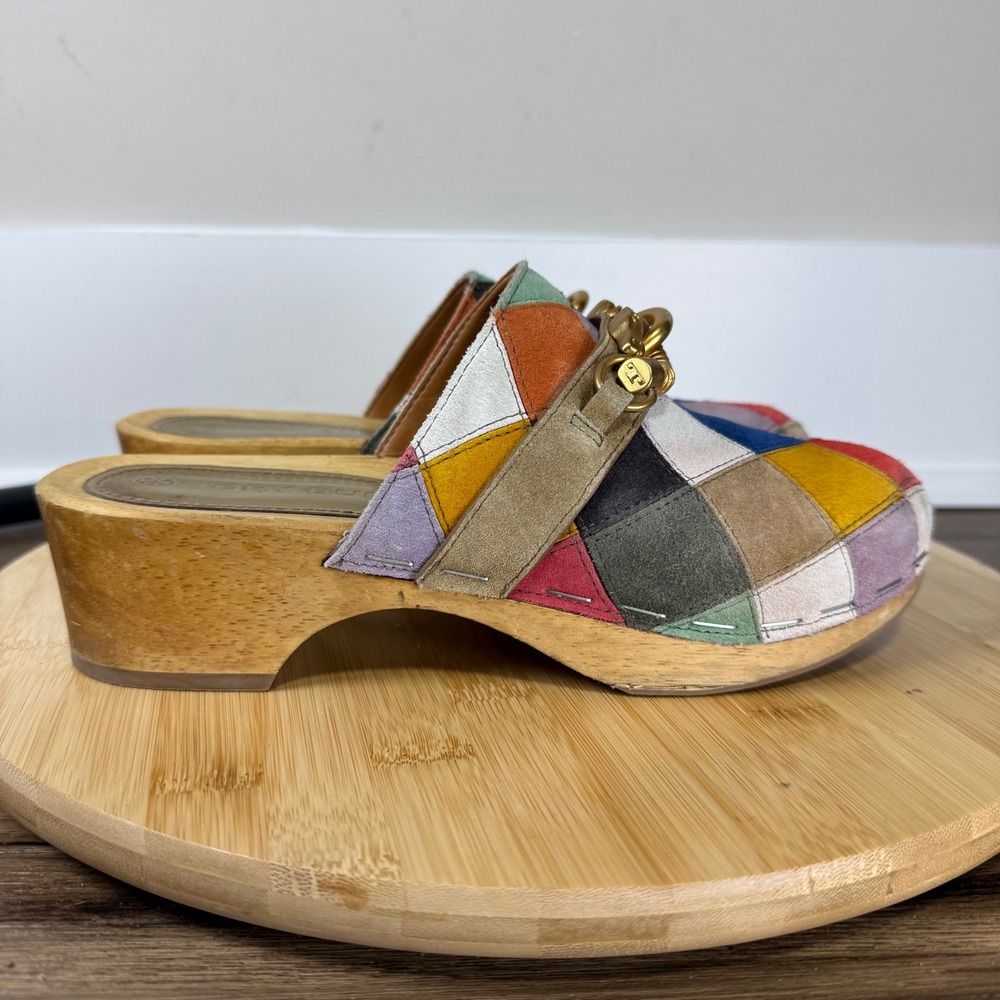Tory Burch Patchwork Clog Women 6.5M Multicolor Suede Wood Platform 70s Style